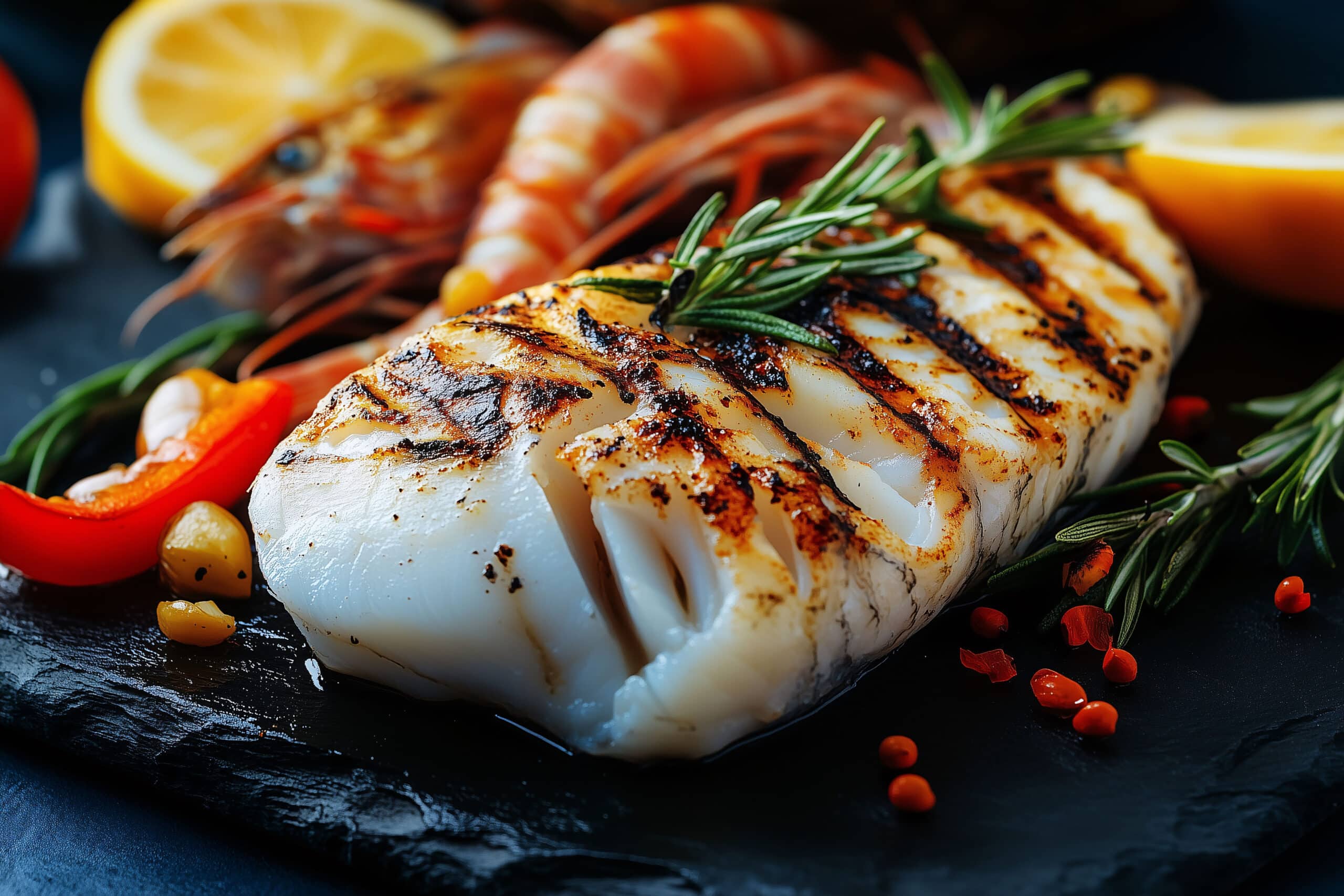 Gegrilltes Fischfilet mit Kräutern und Beilagen, Weisses Fischfilet auf einer schwarzen Steinplatte serviert, Tag der italienischen Küche