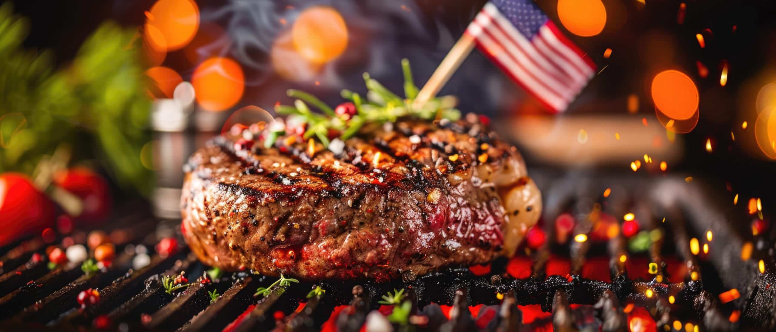 Close-up of Grilled Steak with American Flag Toothpick, BBQ Decor in Background
