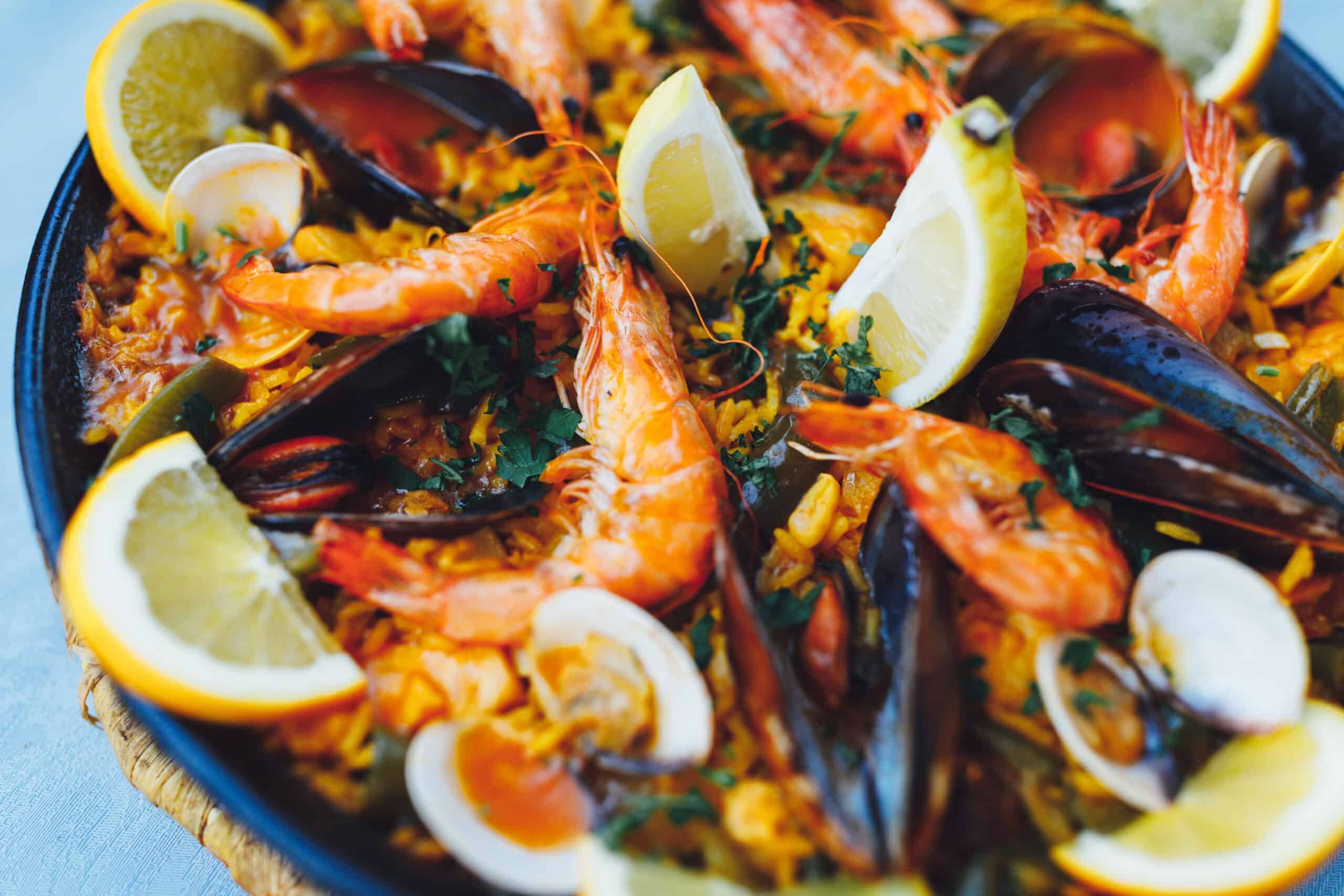spanish seafood paella, closeup view