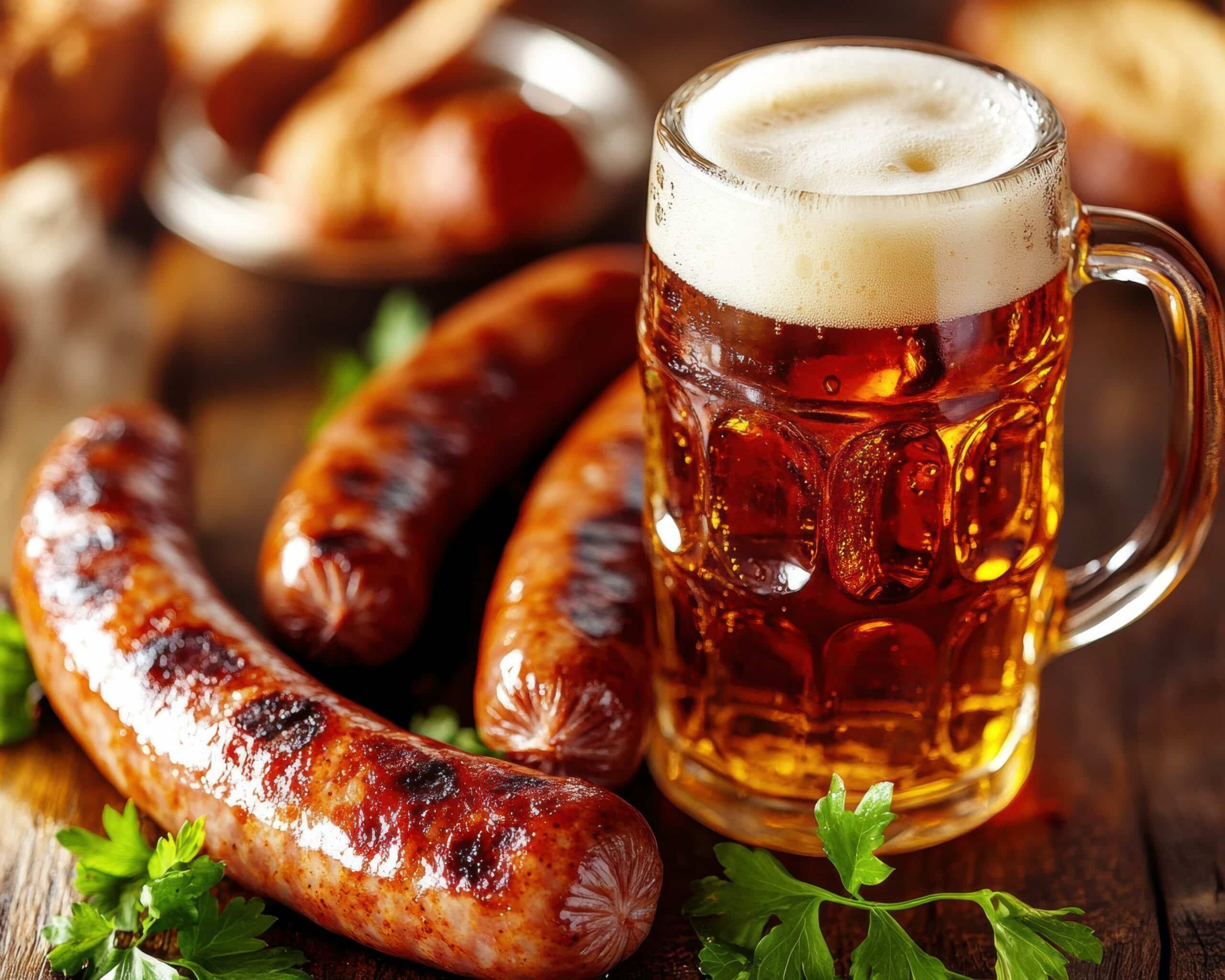 A cold beer and grilled sausages. AI.